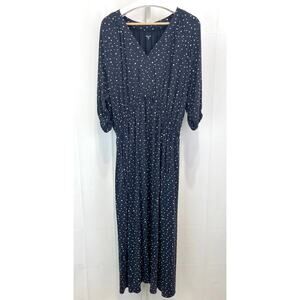 GARNET HILL Juno Knit Midi Dress 502652 V Neck Polka Dot Jersey Navy Blue XL